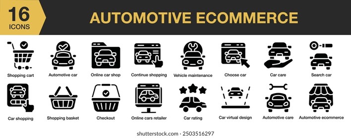 Automotive E-Commerce Glyph icon set. Includes automotive car, car care, car rating, car shopping, and More. Solid icons vector collection.