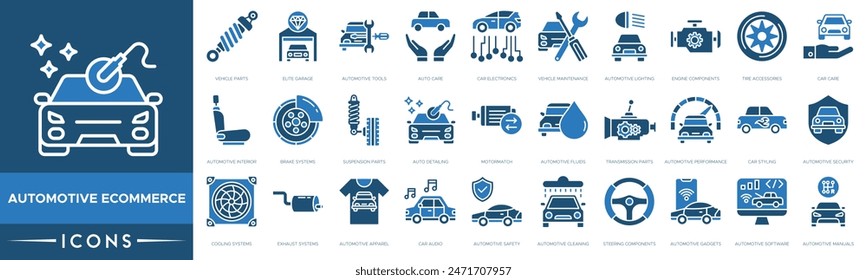 Icono de comercio electrónico automotriz. Piezas del vehículo, garaje de élite, herramientas automotrices, cuidado del automóvil, electrónica del coche, mantenimiento del vehículo, iluminación automotriz y componentes del motor