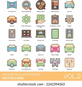 Automotive eCommerce Icons including Car, Virtual, Tour, , Search, Dealership, Request, Specs, Digital, Brochure, New, Used, Value, Configurator, Suggested, Retail, Price, Pre-Owned