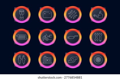 Automotive engine components set icon. Linear car repair mechanic collection with piston, battery, wrench tools, fuel pump, exhaust muffler, mechanic worker, oil filter, spark plugs