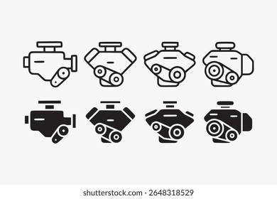 ícone de motor automotivo definido em esboço e estilo preenchido para garagem, oficina e reparação. coleção de silhueta de peças de motor de carro. projetos de elemento de motor de carro com inline, v, boxer, tipo rotativo