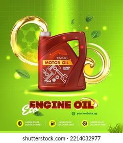 Automotive engine oil. Ecology. Liquid is poured out of a plastic container. Green leaves surround the engine oil canister. green eco friendly background. Bright spots. Biodiesel. Saving nature. Eco.