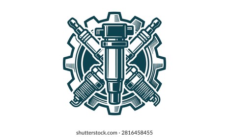 Automotive engine parts illustration featuring a fuel injector and two crossed spark plugs positioned inside a mechanical gear outline. Vector icon for vehicle repair and maintenance.