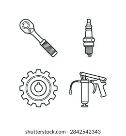 Automotive Engine Tools Socket Wrench Spark Plug and Paint Gun Vector Line Icon Set