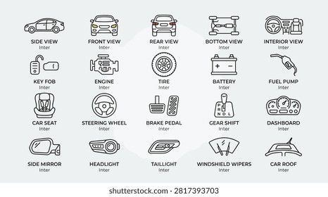 Automotive engineering icon set displaying interior views exterior mirrors tire treads transmission gear shifts and electrical systems for vehicle maintenance manuals.