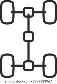 Automotive engineering line icon showing a vehicle chassis axle frame with four wheel hubs.