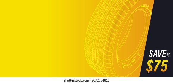 Automotive flyer template. Tire track. Vehicle tires or tyres in a row. Line art. Banner concept with line art for the site header on a  orange background. Sale of tires or spare parts for the car.