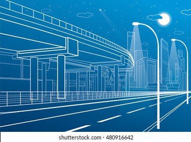 Automotive flyover, architectural and infrastructure composition, transport overpass, highway, white lines urban scene, night city on background, vector design art