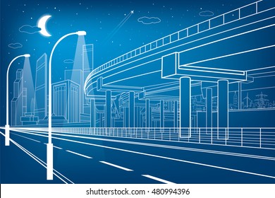 Automotive flyover, architectural and infrastructure composition, transport overpass, highway, white lines urban scene, night city on background, vector design art