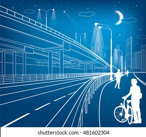 Automotive flyover, architectural and infrastructure composition, transport overpass, highway, white lines urban scene, people walking, night city on background, vector design art