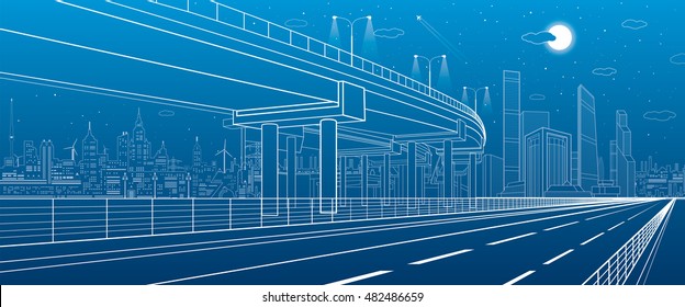 Automotive flyover, architectural and infrastructure illustration, transport overpass, highway, white lines urban scene, night city on background, dynamic composition, vector design art