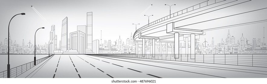 Automotive flyover, architectural and infrastructure panorama, transport overpass, highway. Business center, silver city, towers and skyscrapers, urban scene, vector design art