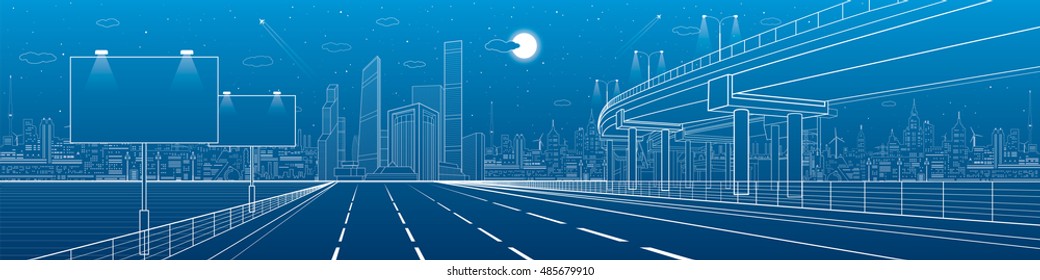 Automotive flyover, architecture and infrastructure panorama, transport overpass, billboards on highway, business center, night city, towers and skyscrapers, white lines urban scene, vector design art