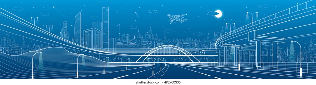 Automotive flyover, infrastructure and transportation panorama, plane flies, train move on the bridge, business center, night city, towers and skyscrapers, urban scene, vector design art