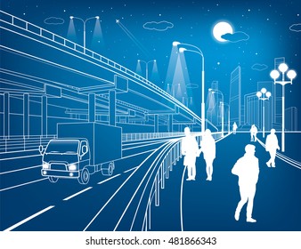 Automotive flyover, truck travels, architectural, infrastructure and transportation illustration, transport overpass, people walking, highway, white lines, urban scene, night city, vector design art