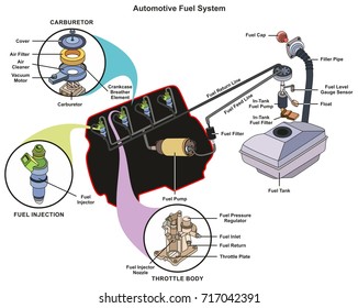 Automotive Fuel System Infographic Diagram Showing Parts Of Carburetor Injector Throttle Body From Tank To Engine Process For Mechanics And Road Traffic Safety Science Education