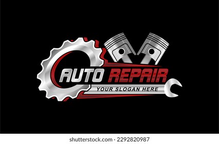 logotipo del garaje automotor Combinación de herramientas para automóviles, engranajes, pistones y llave. Logotipo perfecto para servicios de automóviles, tiendas de piezas de automóviles y otros negocios relacionados con automóviles.