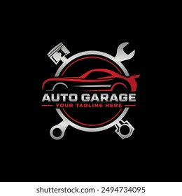 Automotive garage logo. Combination of automobile tools, gears, pistons, and wrench. Perfect logo for auto services, automobile parts shops, and any other car related businesses.