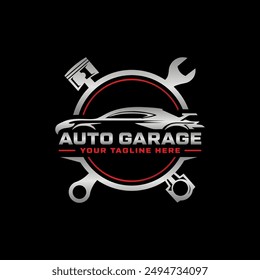 Automotive garage logo. Combination of automobile tools, gears, pistons, and wrench. Perfect logo for auto services, automobile parts shops, and any other car related businesses.