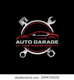 Automotive garage logo. Combination of automobile tools, gears, pistons, and wrench. Perfect logo for auto services, automobile parts shops, and any other car related businesses.