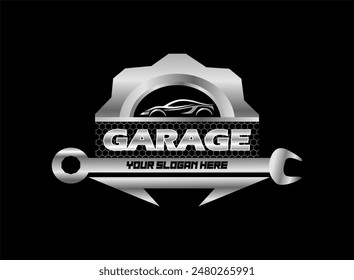 automotive garage logo combination of car tools, gears, pistons and wrenches. perfect logo for car services, auto parts stores and other car related businesses. with added sparkles in the tex
