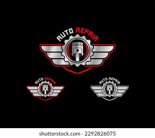 Automotive garage logo.Emblem with Gear, wing and Piston element. Perfect logo for automotive company.