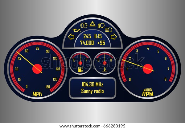 Automotive gauge cluster vector\
illustration. Racing elements. Car dashboard set with speedometer,\
rpm gauge, display, temperature and fuel level. Vector\
eps10.