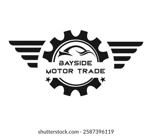 Automotive Gear and Wings Logo – Sleek Monochrome Design with Bold Industrial Aesthetic