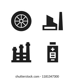 automotive icon. 4 automotive vector icons set. factory, battery and alloy wheel icons for web and design about automotive theme