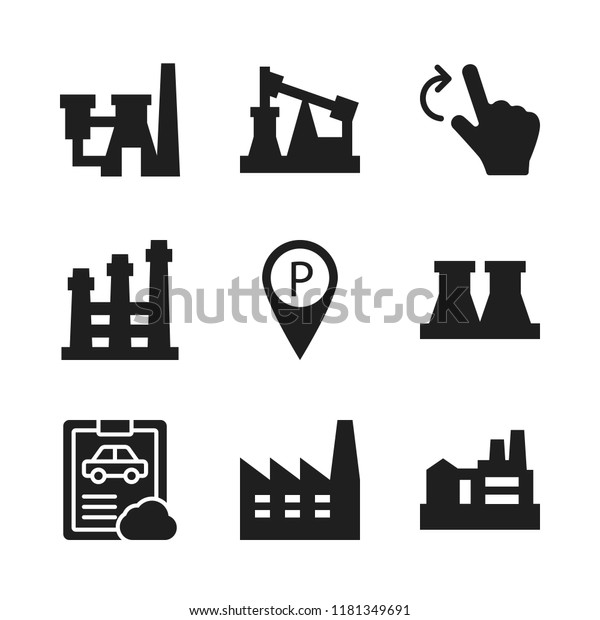 automotive icon. 9 automotive vector icons set.\
factory, parking location and rotate icons for web and design about\
automotive theme