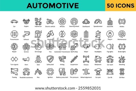 Automotive icon set with car, engine, hybrid car, electric vehicle, wheels, steering wheel, dashboard, speedometer, gearshift, brakes icon. Simple line vector 
