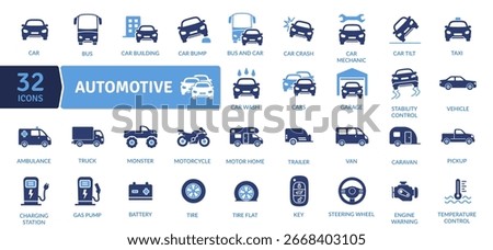Automotive icon set. Containing vehicle car mechanic, tire, steering wheel and more. Solid icon collection. Vector Illustration. Flat icon. Simple vector icons