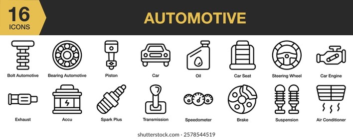 Automotive icon set. Includes automotive, vehicle, car, automobile, service, equipment, and More. Outline icons vector collection.