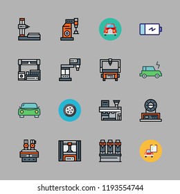 automotive icon set. vector set about battery, car repair, industrial robot and electric car icons set.