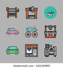 automotive icon set. vector set about monster truck, industrial robot and car icons set.