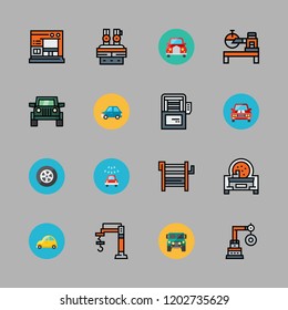 automotive icon set. vector set about car, tire, suv and industrial robot icons set.
