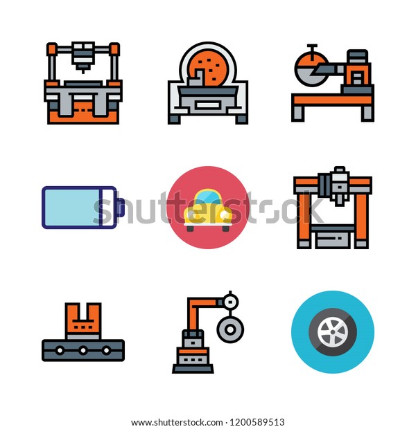 automotive icon set. vector set about car,\
battery, tire and industrial robot icons\
set.