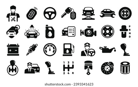 Automobil-Symbol-Set, Vektorgrafik einzeln auf weißem Hintergrund. Symbol für den Autodienst
