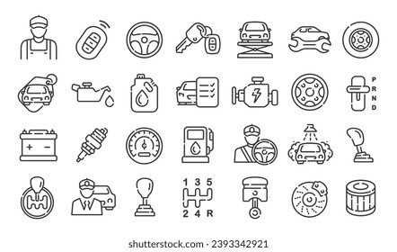 Conjunto de iconos de automoción vectorial aislado en fondo blanco. Conjunto de iconos del servicio de coches