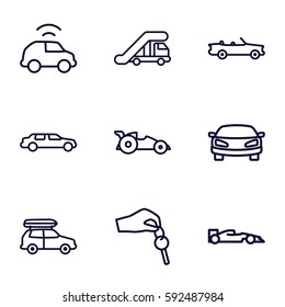 automotive icons set. Set of 9 automotive outline icons such as truck crane, car, hand with key