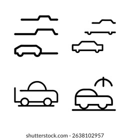 Automotive icons set featuring diverse transportation vehicles like cars, trucks, buses, planes, and trains in vector silhouette illustrations