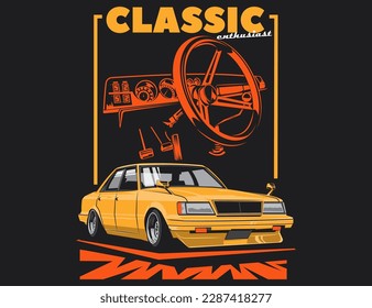 automotive illustration design with 90s car vector along with car cabin backdrop