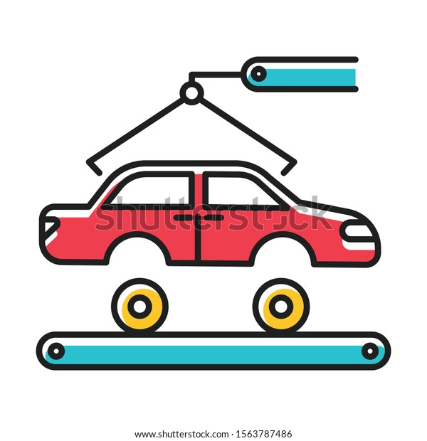 Automotive industry color icon. Car\
production. Vehicle factory. Automobile repair and fix services.\
Auto facility with crane and conveyor. Machinery, maintenance.\
Isolated vector\
illustration