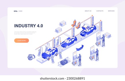 Automotive industry conveyor. Development and production of machinery and vehicle. Workers near conveyor in factory. Landing page design. Cartoon isometric vector illustration