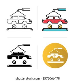 Automotive industry icon. Car production. Vehicle factory. Automobile repair services. Auto facility with crane and conveyor. Flat design, linear and color styles. Isolated vector illustrations