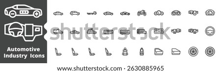 Automotive Industry Icons Linear Vector Collection. Car, Automobile, Sedan, Seats, Dashboards Car, Instrument Panels, Electric Vehicle