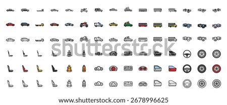 Automotive Industry Icons solid glyph Vector Collection. Car, Automobile, Sedan, Seats, Dashboards Car, Instrument Panels, Electric Vehicle