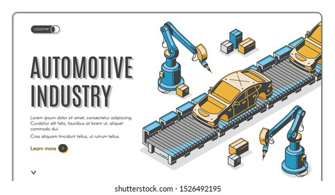 Automotive industry isometric landing page, robots hands assemble car on conveyor belt. Innovation technology and factory automation process in manufacture. 3d vector illustration, line art web banner