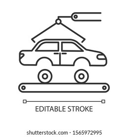 Automotive industry linear icon. Car production. Vehicle factory. Automobile repair. Machinery, maintenance. Thin line illustration. Contour symbol. Vector isolated outline drawing. Editable stroke