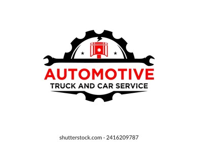 Automotive industry logo with piston gear and wrench elements, workshop garage illustration.
